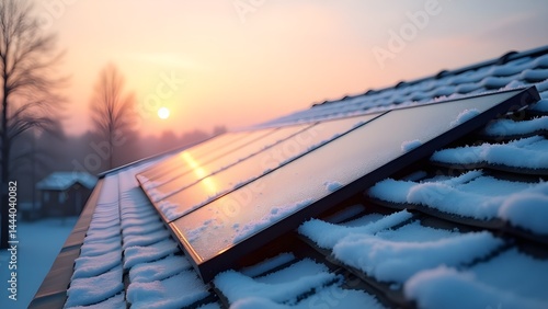 Solar panels covered in light frost during a winter sunrise on a slanted roof