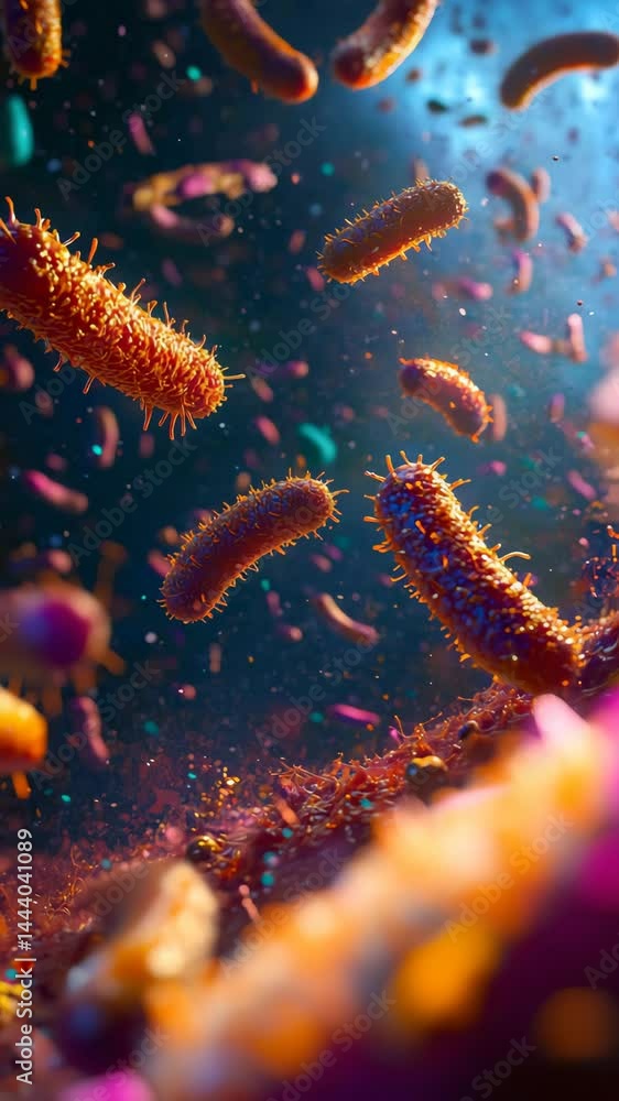 colorful bacteria spinning movement glittering microscopic space pathogen organ activity, bacteria spinning movement interaction behavior, colorful bacteria spinning movement in vivid bacteria scene colorful bacteria spinning movement glittering microscopic space pathogen organ activity, bacteria spinning movement interaction behavior, colorful bacteria spinning movement in vivid bacteria scene