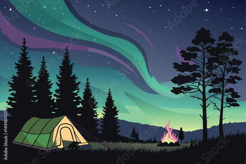 Epic camping scene under a vibrant, swirling aurora borealis display; tent, starry night sky, snowy landscape.