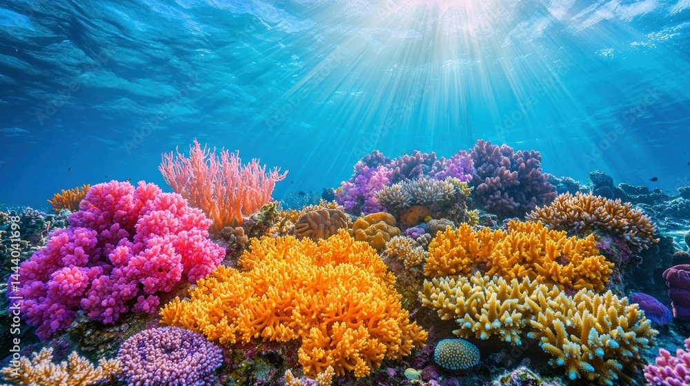 Vibrant coral reef teeming with life. Sunlight streams through the crystal clear water