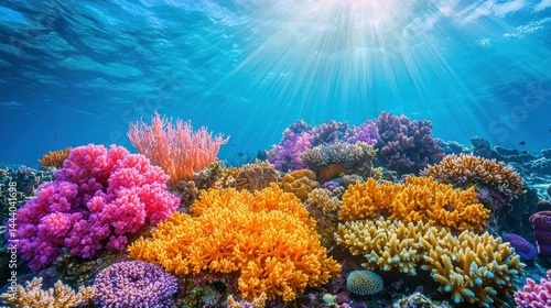 Obraz na płótnie Vibrant coral reef teeming with life. Sunlight streams through the crystal clear water w salonie