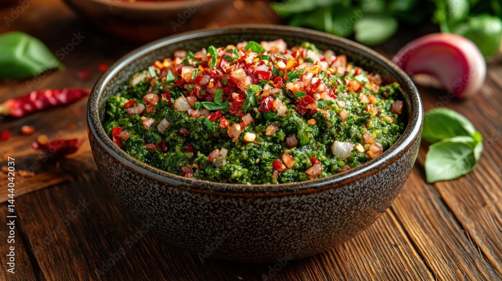 Vibrant green sauce with red chili flakes