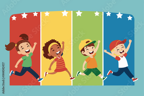 Design a vibrant banner for a children's sports and activity program, emphasizing fun and energetic activities. Include diverse children participating in various sports.