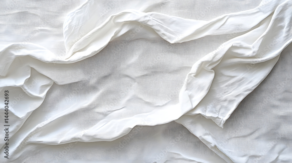 Creative texture presentation of crumpled white fabric on pure white background for interior design Creative texture presentation of crumpled white fabric on pure white background for interior design