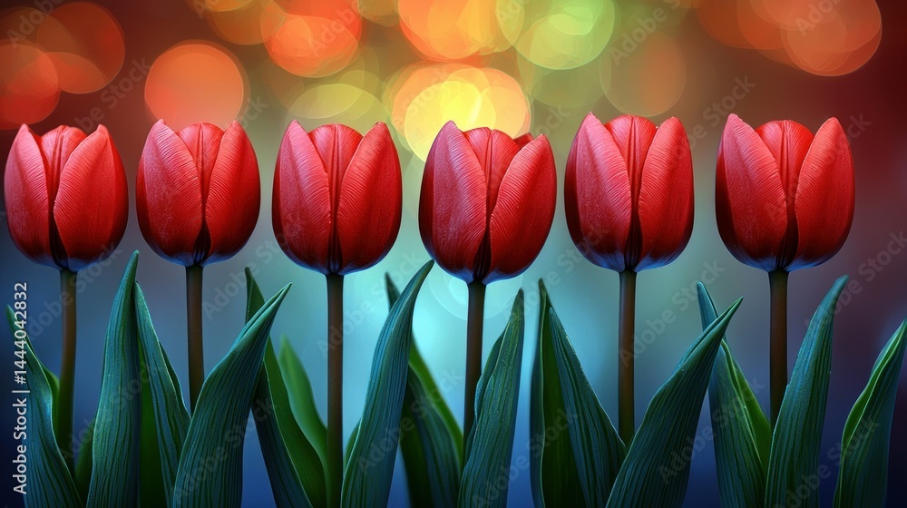 Vibrant red tulips in a row