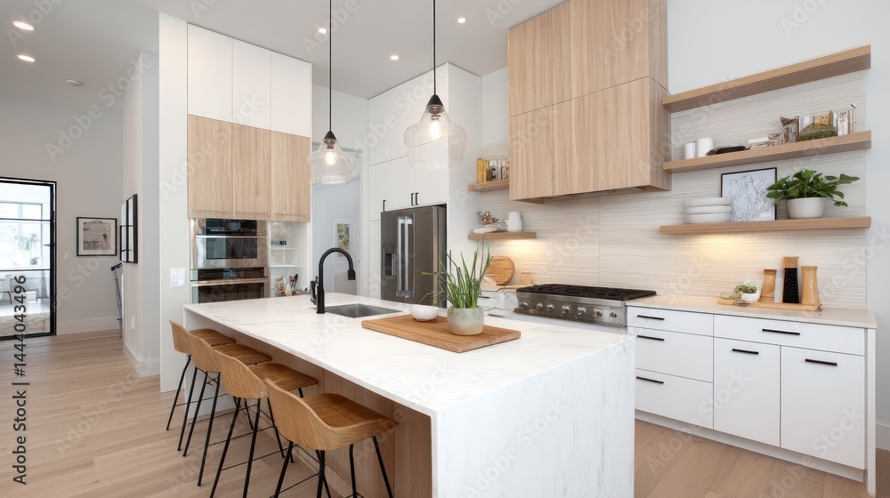 Modern, bright kitchen with light wood cabinets and white countertops Modern, bright kitchen with light wood cabinets and white countertops