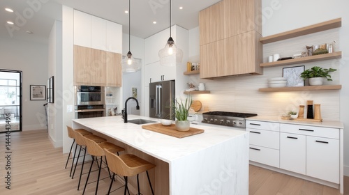 Modern, bright kitchen with light wood cabinets and white countertops