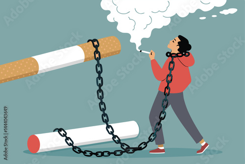 A surreal image depicting cigarette addiction as a heavy chain forged from swirling smoke, binding a person, symbolizing the enslaving nature of nicotine addiction.