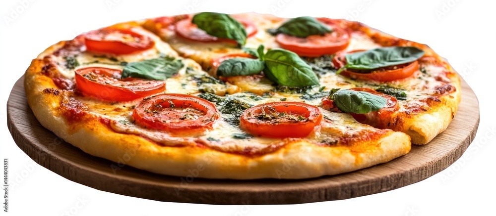mouthwatering margherita pizza adorned with fresh basil and vibrant tomato slices, resting on a rustic wooden serving board, showcasing culinary delight and simplicity with a captivating composition mouthwatering margherita pizza adorned with fresh basil and vibrant tomato slices, resting on a rustic wooden serving board, showcasing culinary delight and simplicity with a captivating composition
