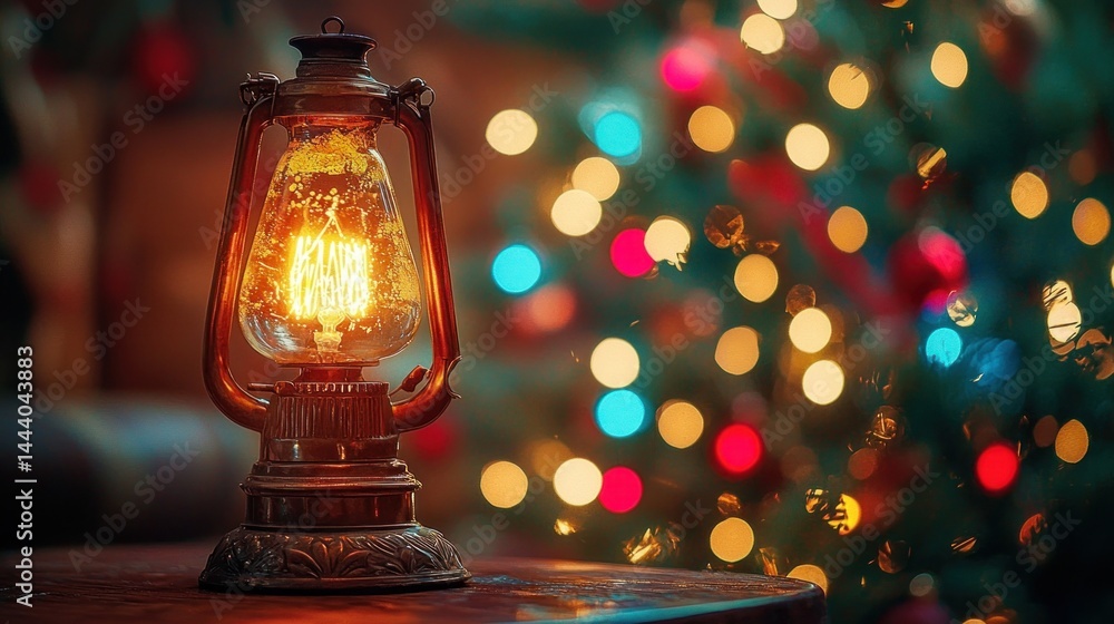 Vintage lantern glows warmly by Christmas tree