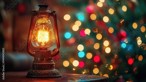 Obraz na płótnie Vintage lantern glows warmly by Christmas tree w salonie