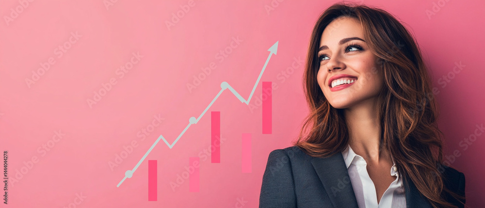 A professional woman smiling, standing against a pink background with a growth graph, symbolizing success and progress in business.