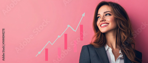 Obraz na płótnie A professional woman smiling, standing against a pink background with a growth graph, symbolizing success and progress in business. w salonie