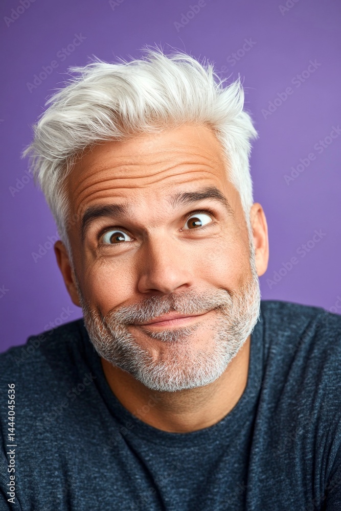 Obraz premium A charming and expressive man enjoying his portrait. Fashionable men's short dreads haircut - midlife white man with white hair. Purple solid background. Visual idea of style for aging men.