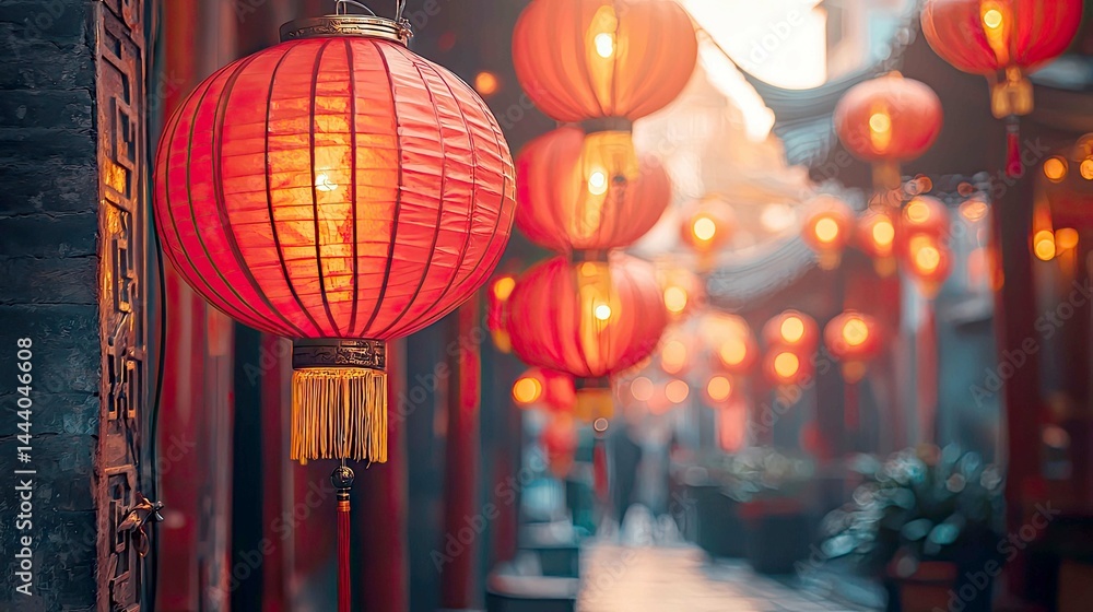 Luminous Red Lanterns Illuminate Chinese Festive Street Luminous Red Lanterns Illuminate Chinese Festive Street