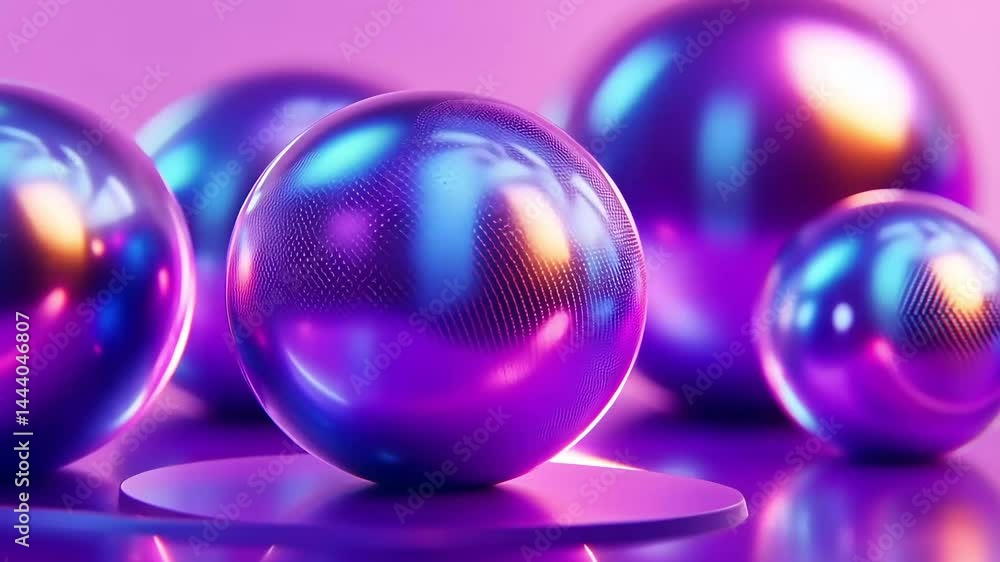 Iridescent spheres on platform, purple background, abstract, 3D render, design