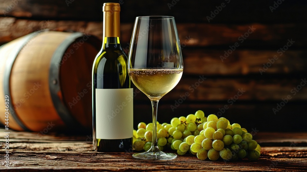 White wine bottle and glass with grapes and barrel