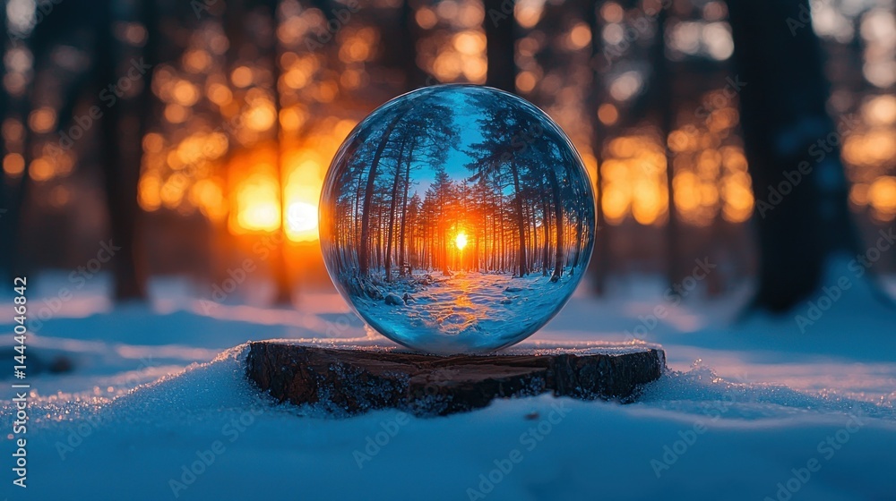 Winter forest sunset in a glass ball
