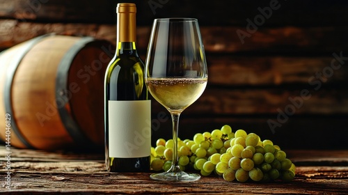 Obraz na płótnie White wine bottle and glass with grapes and barrel w salonie