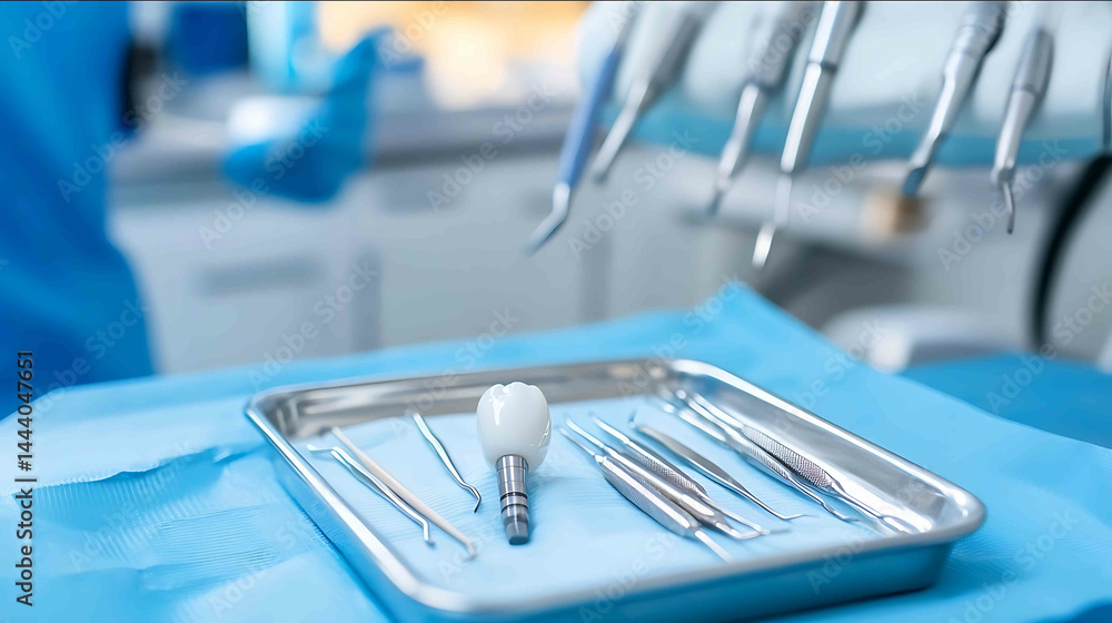 A dental implant lying on a sterile metal tray with various surgical tools placed beside it in a wellorganized manner The scene gives a sense of medical accuracy and preparation wit A dental implant lying on a sterile metal tray with various surgical tools placed beside it in a wellorganized manner The scene gives a sense of medical accuracy and preparation wit