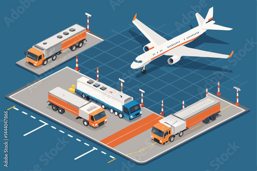 Create an isometric illustration of an aircraft refueling area, showcasing fuel tankers, pipelines, and aircraft in various stages of refueling.  Include detailed textures and accurate proportions.
