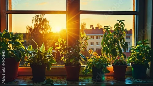 Sunset view, potted plants, windowsill, city background, home decor