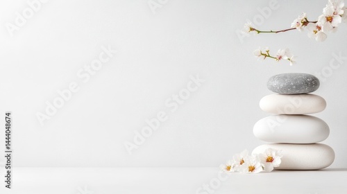 A stack of smooth white pebbles with one gray stone on top, delicate white flowers on a minimalist light background
