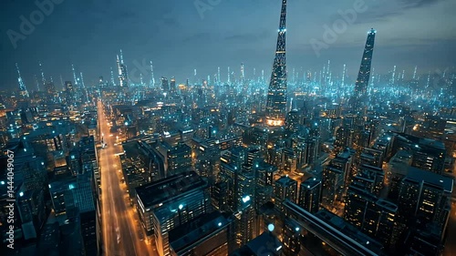 Wallpaper Mural Futuristic city skyline at night with glowing lights Torontodigital.ca