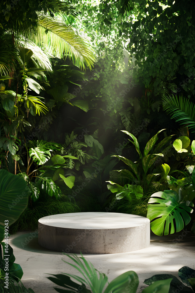 minimalist platform amidst lush, vibrant greenery scene minimalist platform amidst lush, vibrant greenery scene