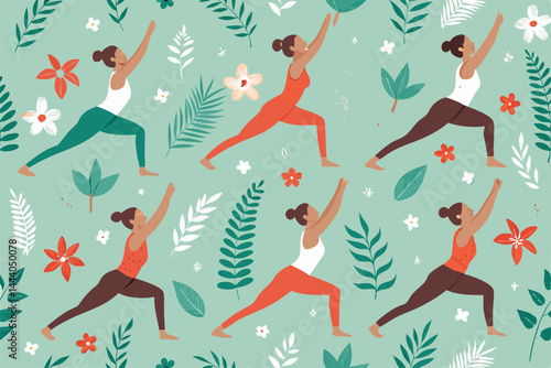 Create a stylish, contemporary seamless pattern featuring diverse women practicing various yoga poses in a minimalist aesthetic.