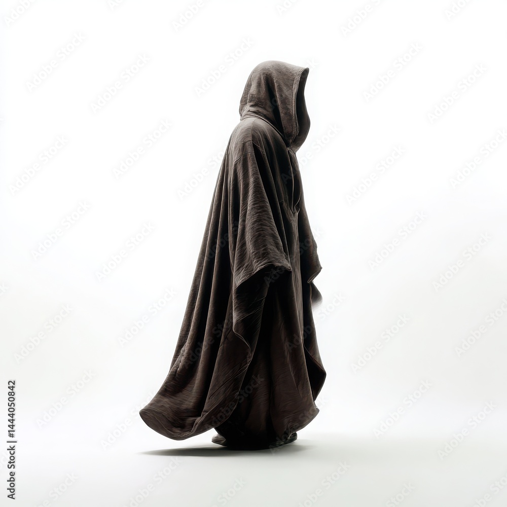 Figure in brown cloak with hood against a bright white background Figure in brown cloak with hood against a bright white background