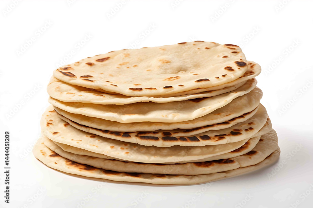 A stack of soft flour tortillas isolated on white background featuring lightly toasted brown spots and a smooth round shape The flatbreads are neatly aligned showcasing their thin f A stack of soft flour tortillas isolated on white background featuring lightly toasted brown spots and a smooth round shape The flatbreads are neatly aligned showcasing their thin f