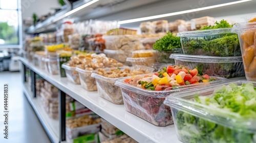 Prepared Foods Various Salads Clean Modern Style High-Resolution Bright Lighting Wide Angle Shelf Display Fresh Ingredients Grocery Store Setting Vibrant Appetising Perfect For Food Marketing
