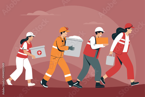 A dedicated disaster relief team, actively assisting victims, carrying essential supplies and offering support amidst devastation.