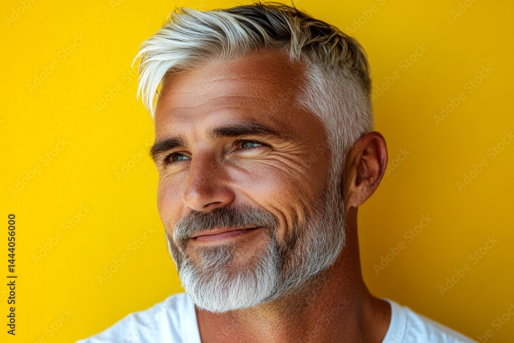 Obraz premium A fashionable and chic male posing elegantly. Trendy men's undercut haircut - midlife white man with white hair. Yellow solid background. Concept art of style for aging men.