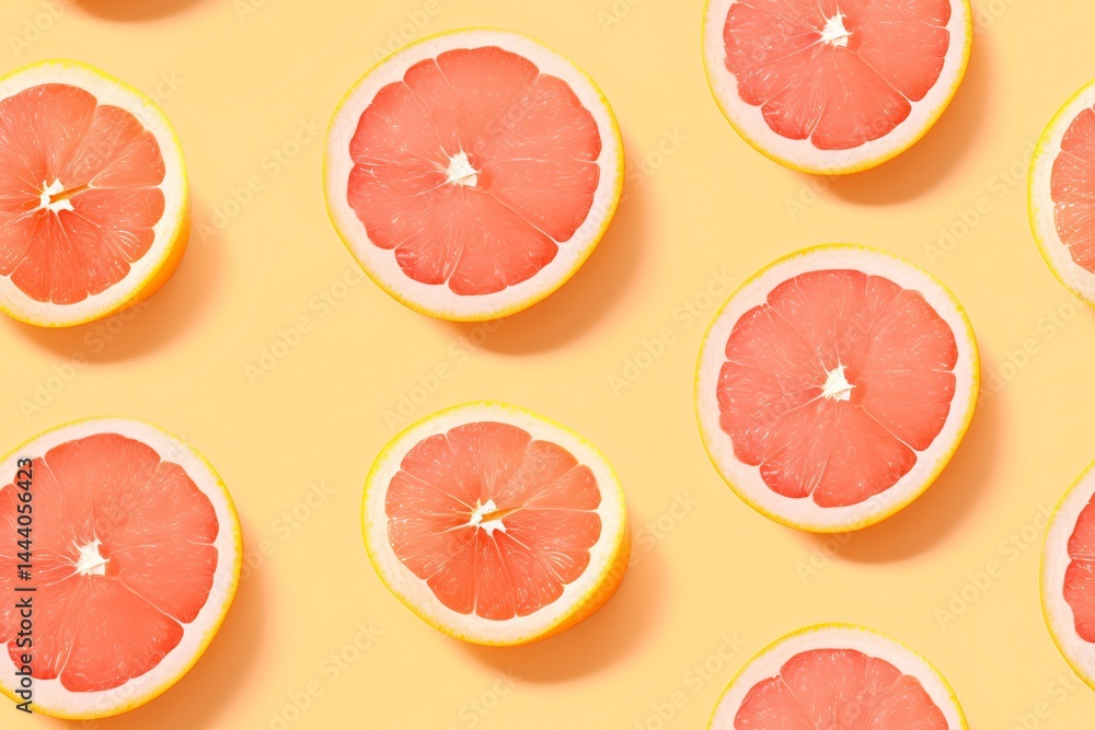 Seamless pattern of grapefruit slices on yellow background. Fresh citrus fruit texture. Summer healthy food wallpaper design for textile, packaging, or digital scrapbooking Seamless pattern of grapefruit slices on yellow background. Fresh citrus fruit texture. Summer healthy food wallpaper design for textile, packaging, or digital scrapbooking