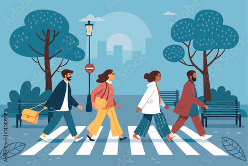 A diverse group of men and women of all ages confidently crossing a city street on a pedestrian zebra crossing.  Focus on the vibrant energy and urban setting.
