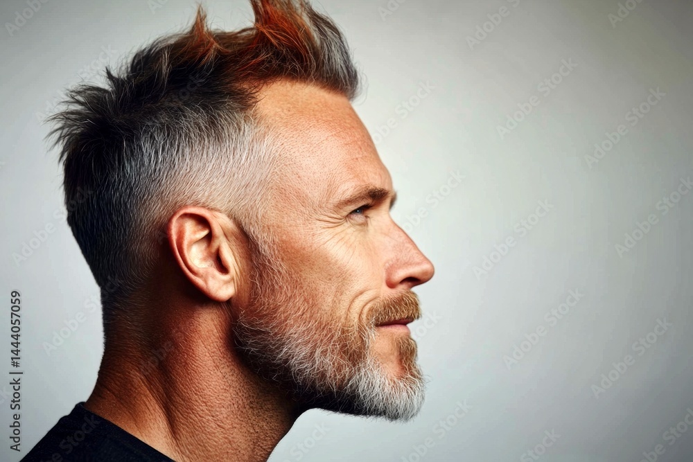 Obraz premium Creative of style for aging men. Trendy men's colored spike haircut - midlife white man with grey hair. Pure white solid background. A classic beauty man with timeless elegance.