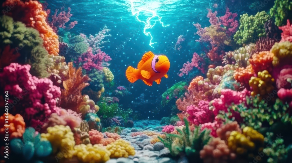 Naklejka premium Vibrant coral reef teeming with life under a powerful underwater lightning strike.