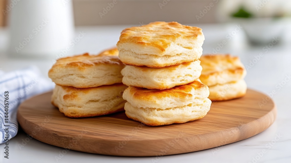 Stacked buttermilk biscuits on a wooden board. Freshly baked, golden-brown, fluffy biscuits, ready to eat. Appetizing, homemade, and delicious Stacked buttermilk biscuits on a wooden board. Freshly baked, golden-brown, fluffy biscuits, ready to eat. Appetizing, homemade, and delicious