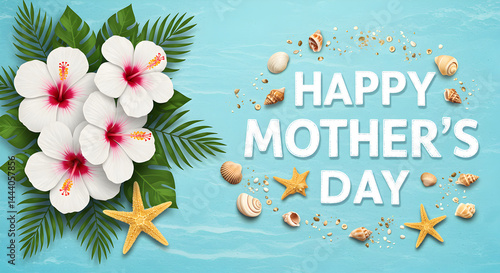 Happy mother's day tropical beach theme with hibiscus flowers and seashells greeting card design vector