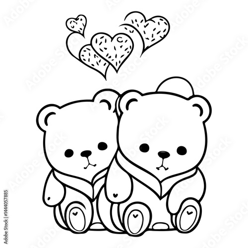 Charming monochrome illustration featuring affectionate teddy bears and floating hearts