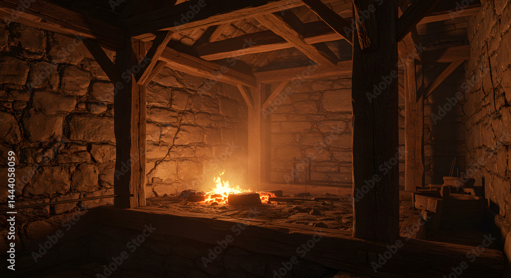 Naklejka premium Medieval Stone Cell, Ember Glow, Wooden Beams