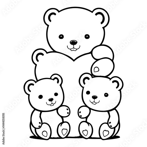 Charming outline of three teddy bears embracing, simple monochrome design