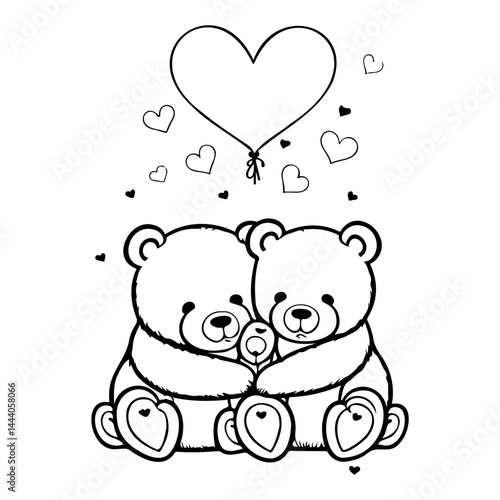 Adorable intertwined teddy bears embracing under a floating heart balloon outline