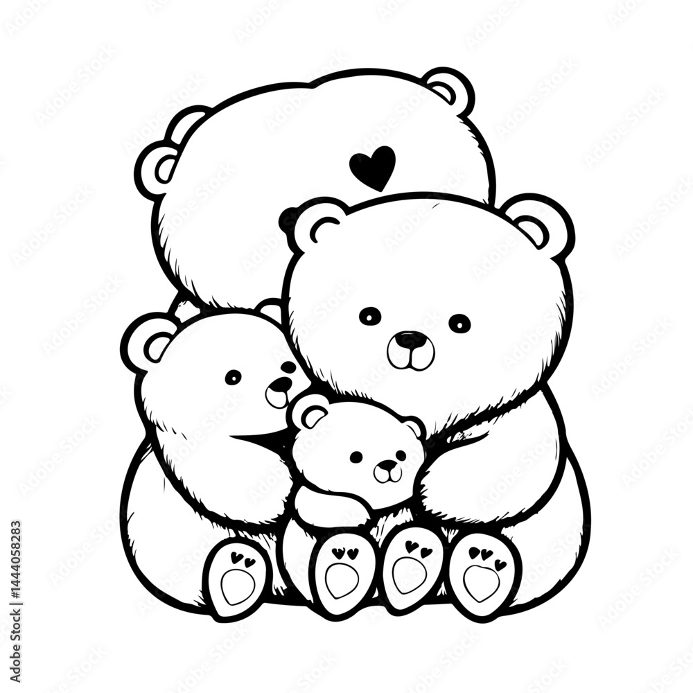 Whimsical monochrome illustration of a bear family in affectionate gathering Whimsical monochrome illustration of a bear family in affectionate gathering