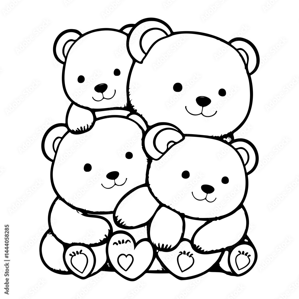 Playful stack of outlined teddy bears forming a charming and endearing design Playful stack of outlined teddy bears forming a charming and endearing design