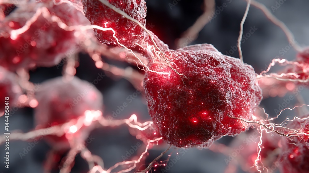 Glowing Red Neurons with Neural Network, Brain Cells, and Microscopic.