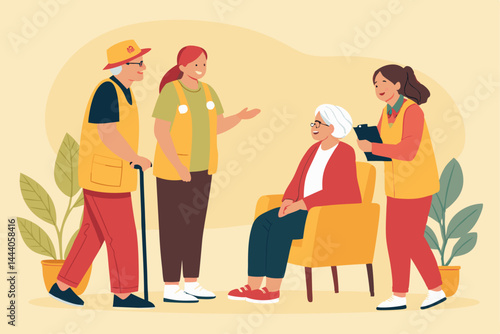 Elderly care volunteers engage in a compassionate conversation, offering support and companionship to seniors.  Show genuine connection and empathy.