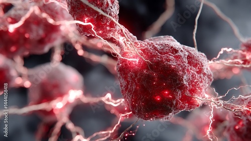 Obraz na płótnie Glowing Red Neurons with Neural Network, Brain Cells, and Microscopic. w salonie